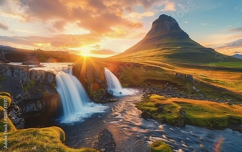 Iceland's incredible natural landscape. Beautiful and fantastic sunset over the Majestic Kirkjufell (Church mountain) and waterfall. The very beautiful Kirkjufell Mountain