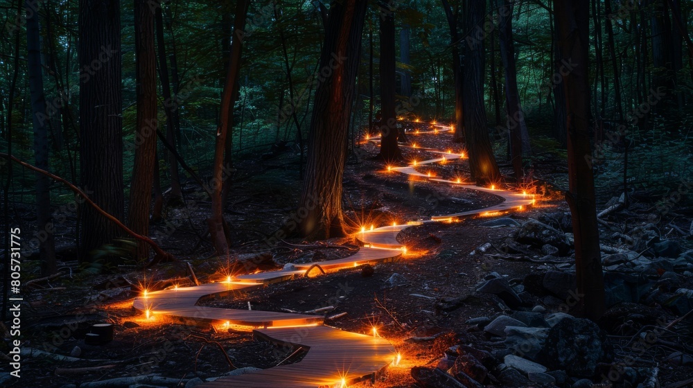 The photo shows a beautiful forest. The path is lit by candles. The forest is full of mystery and magic. The photo shows a beautiful forest. The path is lit by candles. The forest is full of mystery and magic.