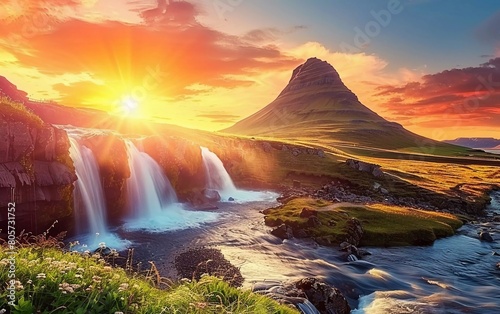 Iceland s incredible natural landscape. Beautiful and fantastic sunset over the Majestic Kirkjufell  Church mountain  and waterfall. The very beautiful Kirkjufell Mountain