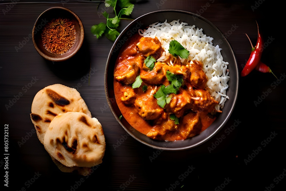 Traditional Indian dish Chicken tikka masala with spicy curry meat in bowl, basmati rice, bread naan on wooden dark background, top view, close up. Indian style dinner from above