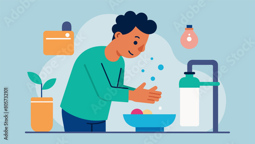 A person washes their hands paying attention to the temperature the sensation of the soap and the sound of running water..