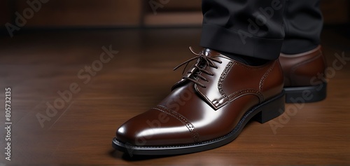 The feet of the groom, businessman or entrepreneur in expensive luxury leather brown shoes with a pattern on the background of grass and cobblestones.