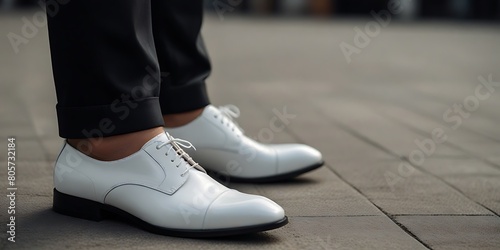 Close-up of Modern white shoe, Classic Men's Shoes on Urban Street: A Dapper Gentleman in Business Suit photo