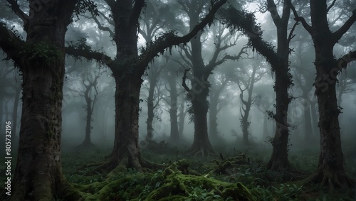 A dreamlike forest where misty tendrils embrace ancient trees  evoking an ethereal realm ai_generated