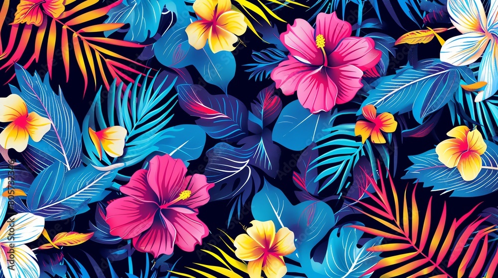 Summer abstract background featuring tropical palm leaves and flowers