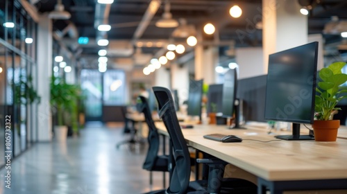 Blurred Office View with People Working Behind Glass Wall,A cozy workspace: the beautiful blurred background of a modern office interior,Blurred effect of office with people working. Generated AI