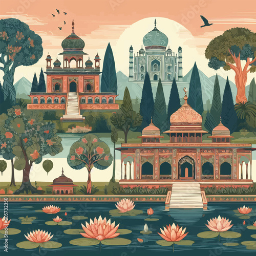 Free vector Mughal garden, lake, water lily, temple vector illustration pattern photo