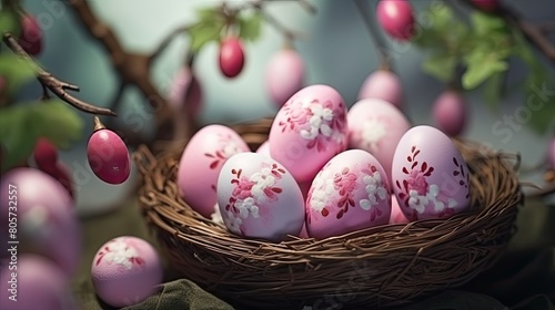 An Easter delight awaits! This lovely photo showcases a basket overflowing with radiant eggs, adding a touch of charm to any festive gathering photo