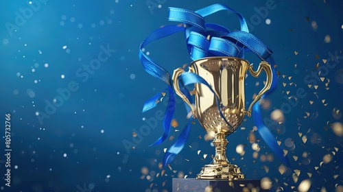 The cup with a shiny golden surface decorated with blue ribbons symbolizes victory and excellence. Generative AI