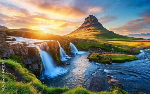 Iceland's incredible natural landscape. Beautiful and fantastic sunset over the Majestic Kirkjufell (Church mountain) and waterfall. The very beautiful Kirkjufell Mountain