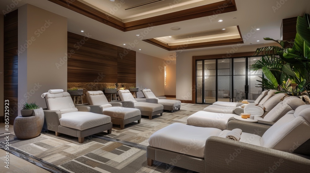 A spacious spa relaxation room with plush armchairs, soft lighting, and guests enjoying. A spacious spa relaxation room with plush armchairs, soft lighting, and guests enjoying.