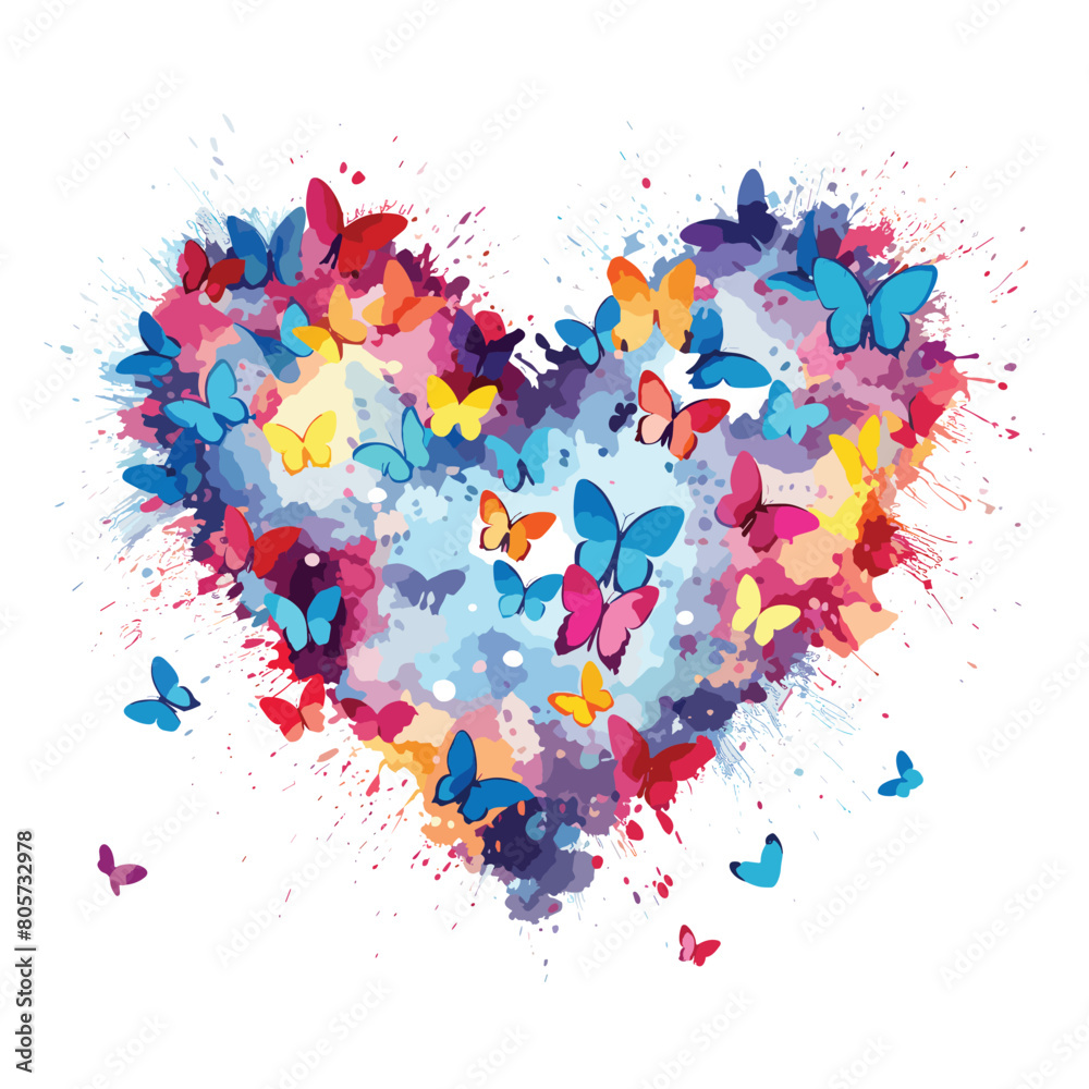 Watercolor love shape by butterfly illustration vector artwork on white background