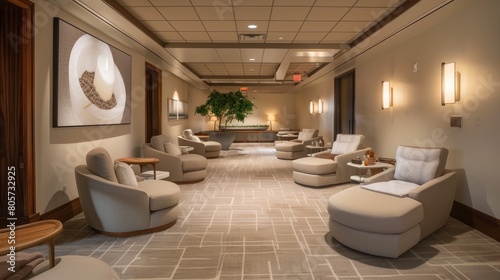 A spacious spa relaxation room with plush armchairs, soft lighting, and guests enjoying.