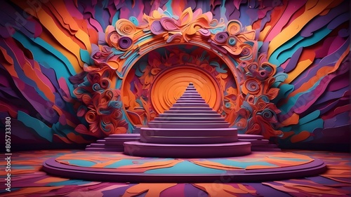 A red podium display for a commercial presentation, a fantasy 3D scenario of a variety show stage generated by AI, and the spectacular surrealistic champion of the vibrantly colorful stage emerging as photo