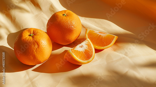 A minimalist still life photograph showcases two half oranges arranged on an orange background, with shadows and light creating captivating play. The simplicity of the composition the natural beauty