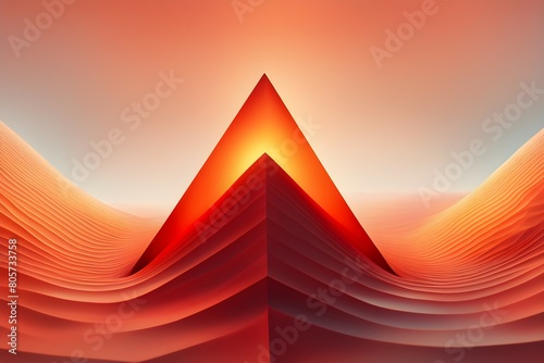 A red mountain with a triangle on top and a sun in the middle
