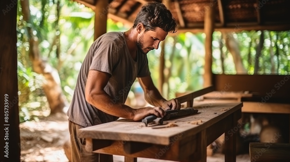 Concentrated worker processes detail on wooden table in country house yard Concentrated worker processes detail on wooden table in country house yard
