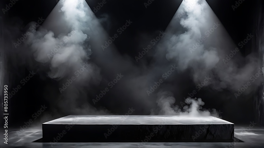  Podium black dark smoke background product platform abstract stage texture fog spotlight. Dark black floor podium dramatic empty night room table concrete wall scene place display studio smoky dust 