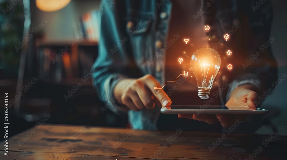 Graphic designer working on a digital tablet, light bulb overhead Graphic designer working on a digital tablet, light bulb overhead