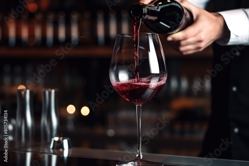 The elegant hand of a waiter pours a rich, velvety stream of crimson red wine into a crystal-clear glass, creating a captivating visual symphony.