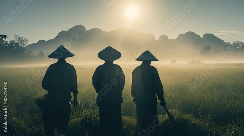 Against the backdrop of vibrant green rice paddies, Asian men and women work in harmony, their labor a celebration of community and the timeless traditions of rice cultivation photo