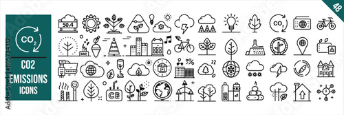 Set of 48 outline icons related to co2 emissions. Linear icon collection. Vector illustration.