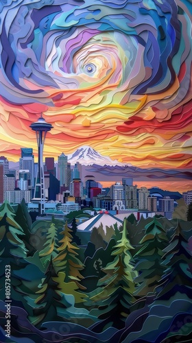 Seattle Skyline Mount Rainier at Sunrise Sunset Paper Cut Phone Wallpaper Background Illustration	
