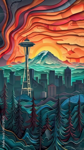 Seattle Skyline Mount Rainier at Sunrise Sunset Paper Cut Phone Wallpaper Background Illustration	