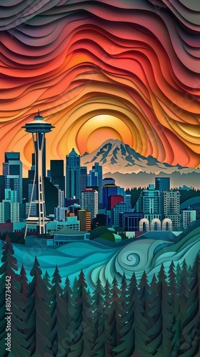 Seattle Skyline Mount Rainier at Sunrise Sunset Paper Cut Phone Wallpaper Background Illustration	