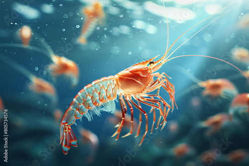 A shrimp with shimmering scales swims in a tank filled with clear water © masud