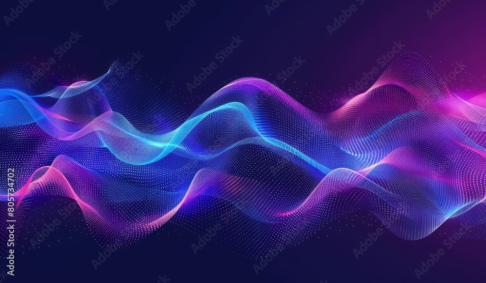 Abstract blue wave background with dots and lines in gradient colors, digital sound or music waves moving fast from left to right on a dark purple black backdrop