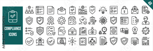 Set of 48 outline icons related to compliance. Linear icon collection. Vector illustration.