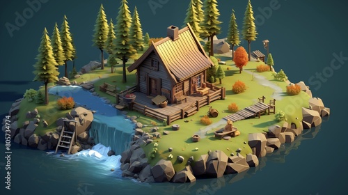 Isometric 3D Scene with Charming Creekside Cabin. photo