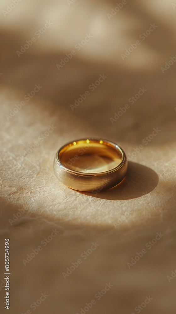 A top-view photograph showcases the bride's ring against a light background, emphasizing minimalism and elegance. Bathed in natural daylight, the ring gleams softly, symbolizing the purity and beauty A top-view photograph showcases the bride's ring against a light background, emphasizing minimalism and elegance. Bathed in natural daylight, the ring gleams softly, symbolizing the purity and beauty