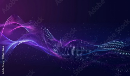 Fototapeta Naklejka Na Ścianę i Meble -  Abstract blue wave background with dots and lines in gradient colors, digital sound or music waves moving fast from left to right on a dark purple black backdrop