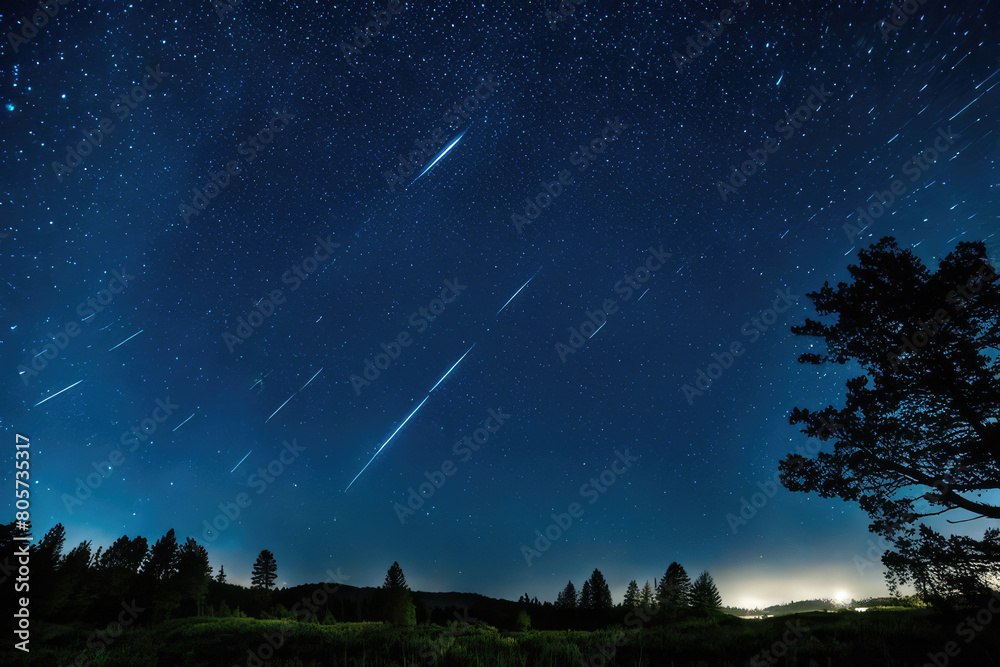 Naklejka premium Starry night clean sky, time lapse beautiful rotation star line in horizon, meteor shower. 