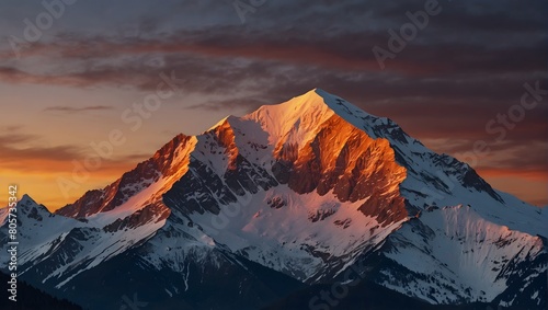 The towering grandeur of a snow-capped mountain range, crowned by a blazing sunset, radiating majestic splendor ai_generated