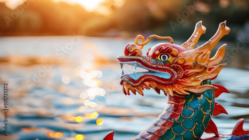 Ornate dragon head on prow of boat with sunset over water background photo