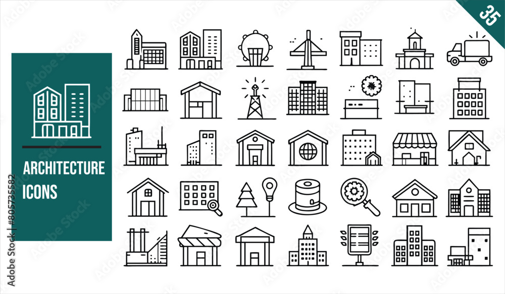 Set of 35 outline icons related to architecture. Linear icon collection. Vector illustration. Set of 35 outline icons related to architecture. Linear icon collection. Vector illustration.