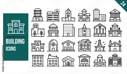Set of 24 outline icons related to building. Linear icon collection. Vector illustration.