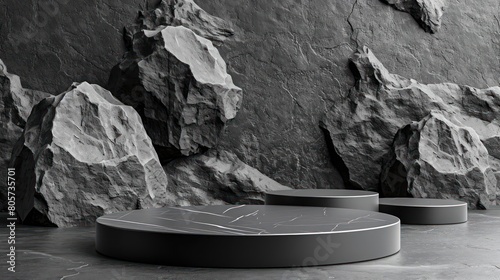 Black geometric Stone and Rock shape background, minimalist mockup for podium display or showcase © Tina