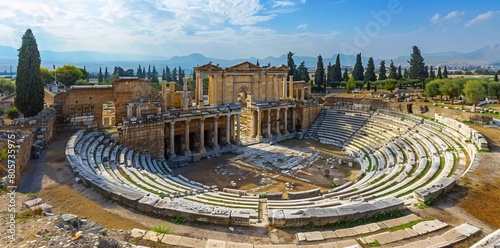 Roman amphitheater at the ruins of Hierapolis, in Pamukkale, Türkiye. UNESCO world heritage in Türkiye. photo