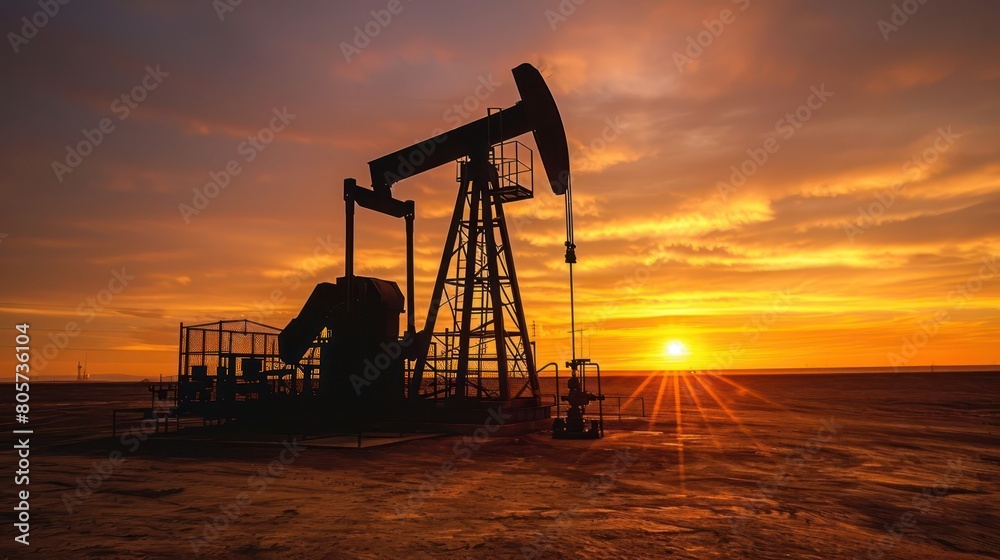 Crude oil pumpjack rig on desert silhouette in evening sunset, energy industrial machine for petroleum gas production background Crude oil pumpjack rig on desert silhouette in evening sunset, energy industrial machine for petroleum gas production background