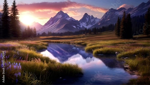 Beautiful mountain landscape with a river in the mountains at sunset photo