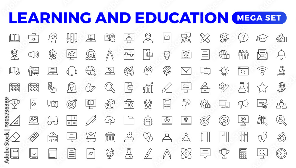 Education Learning thin line set. Back to school icon set with different vector icons related to education, success, academic subjects, and more. Education, School, editable stroke icons.