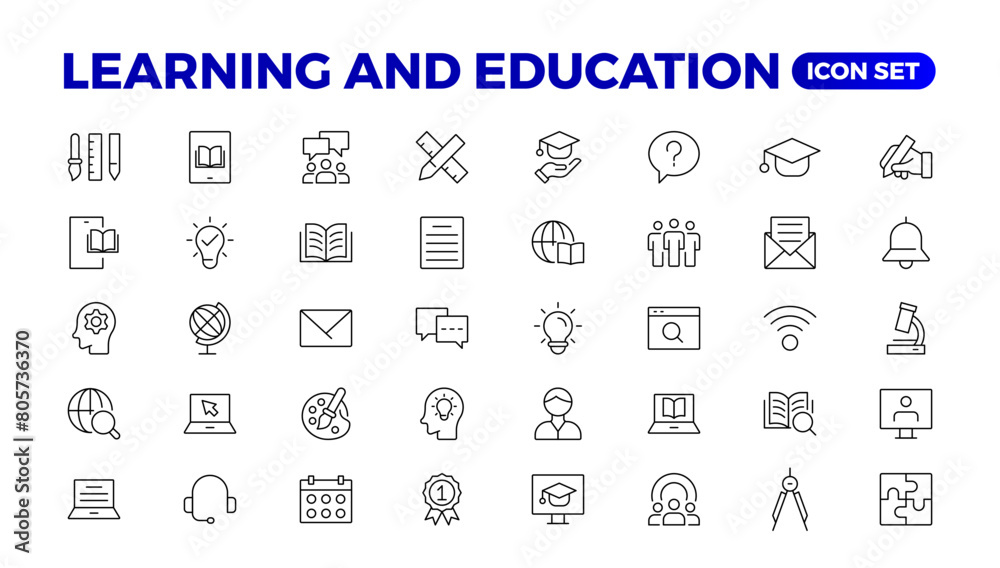 Education Learning thin line set. Back to school icon set with different vector icons related to education, success, academic subjects, and more. Education, School, editable stroke icons.