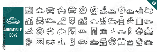 Set of 56 outline icons related to Automobile . Linear icon collection. Vector illustration.