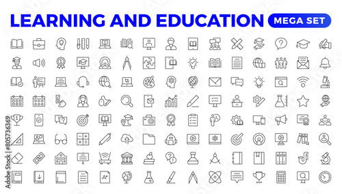 Education Learning thin line set. Back to school icon set with different vector icons related to education, success, academic subjects, and more. Education, School, editable stroke icons.