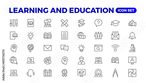 Education Learning thin line set. Back to school icon set with different vector icons related to education, success, academic subjects, and more. Education, School, editable stroke icons.