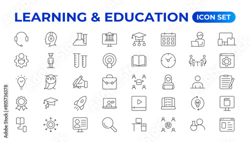 Education Learning thin line set. Back to school icon set with different vector icons related to education, success, academic subjects, and more. Education, School, editable stroke icons.
